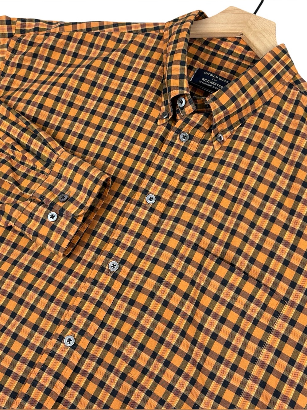 Gitman Bros Rochester Shirt Men XLT Orange Black Plaid Checks USA Vintage